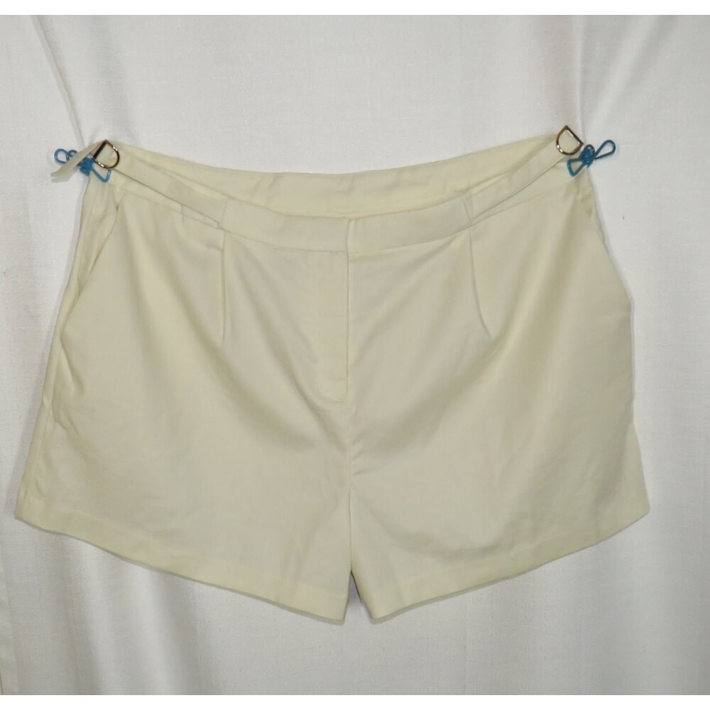 OGL Cream Linen Blend Pleated High Waist Gold Tone Buckle Detail Shorts 2XL